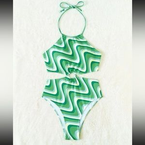 Wave Striped O-Ring Cut Out Tie Backless Halter One Piece Swimsuit